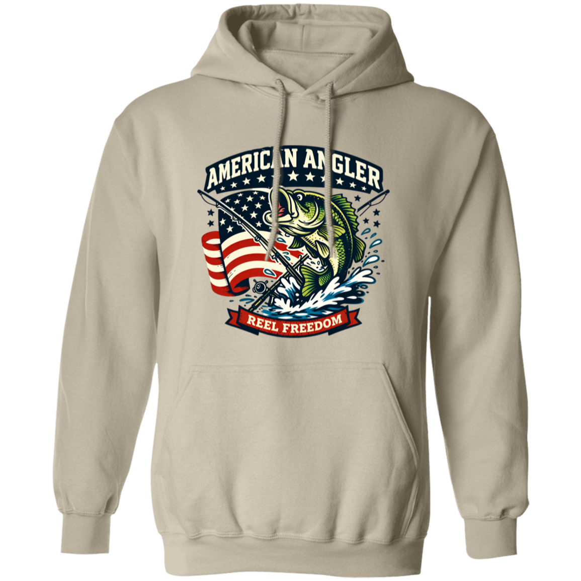 Sand hoodie with "American Angler – Reel Freedom" graphic featuring a bass jumping beside an American flag.