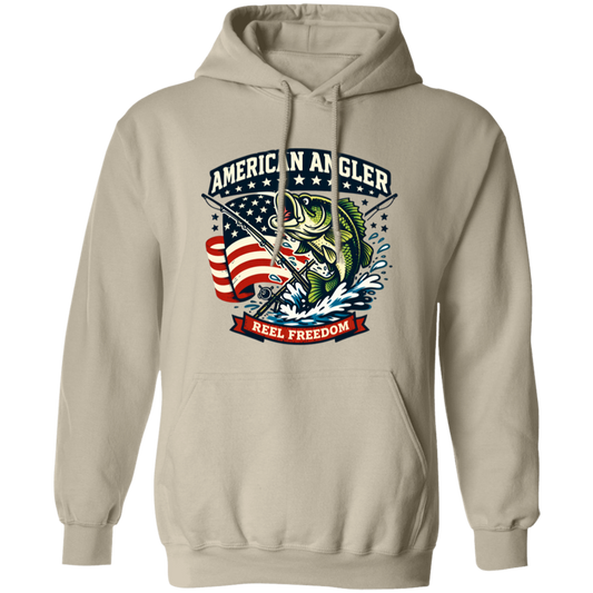 Sand hoodie with "American Angler – Reel Freedom" graphic featuring a bass jumping beside an American flag.