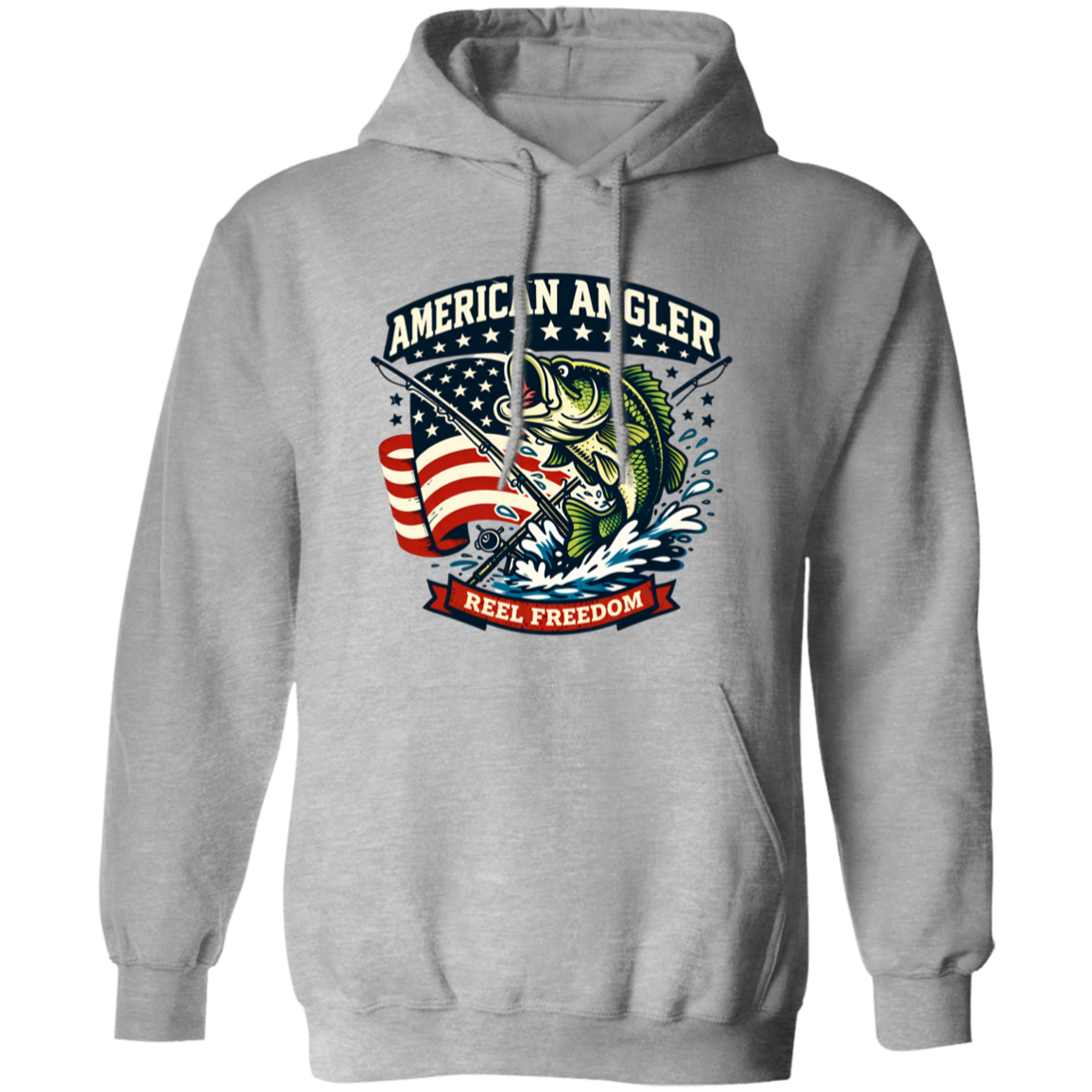 Sport-grey hoodie with "American Angler – Reel Freedom" graphic featuring a bass jumping beside an American flag.