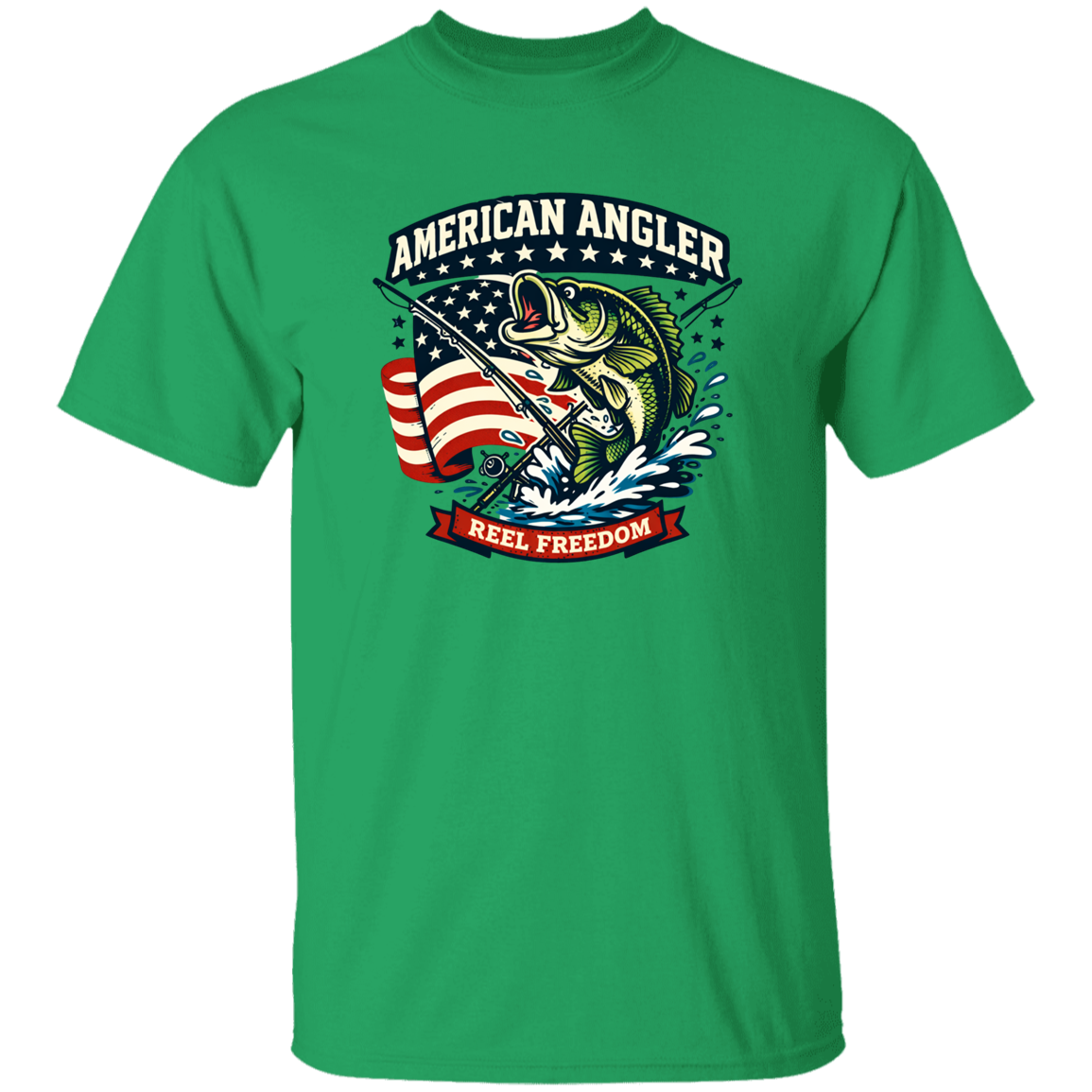 Irish green color t-shirt for men and women with "American Angler – Reel Freedom" graphic featuring a bass jumping beside an American flag.
