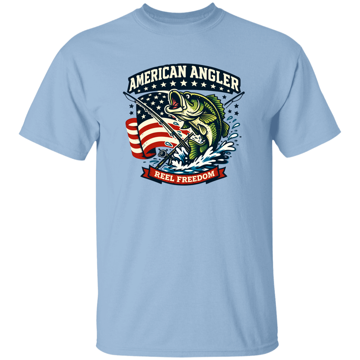Light blue color t-shirt for men and women with "American Angler – Reel Freedom" graphic featuring a bass jumping beside an American flag.
