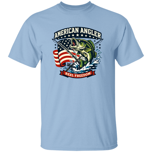 Light blue color t-shirt for men and women with "American Angler – Reel Freedom" graphic featuring a bass jumping beside an American flag.
