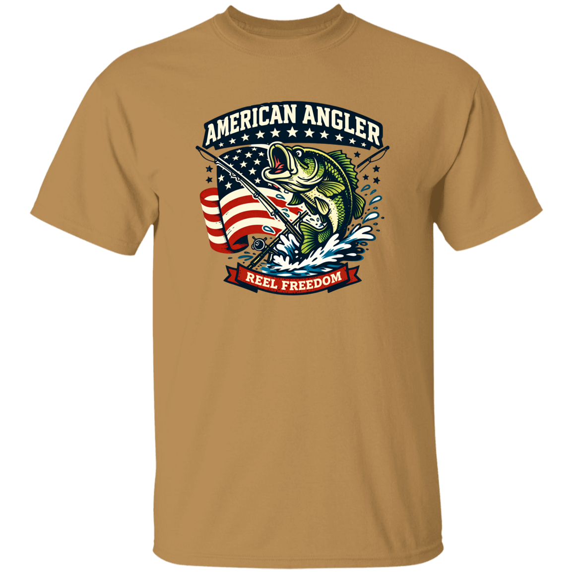 Old gold color t-shirt for men and women with "American Angler – Reel Freedom" graphic featuring a bass jumping beside an American flag. 
