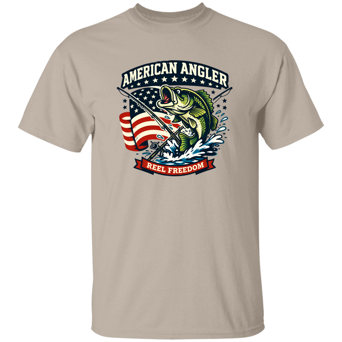Sand color t-shirt for men and women with "American Angler – Reel Freedom" graphic featuring a bass jumping beside an American flag.
