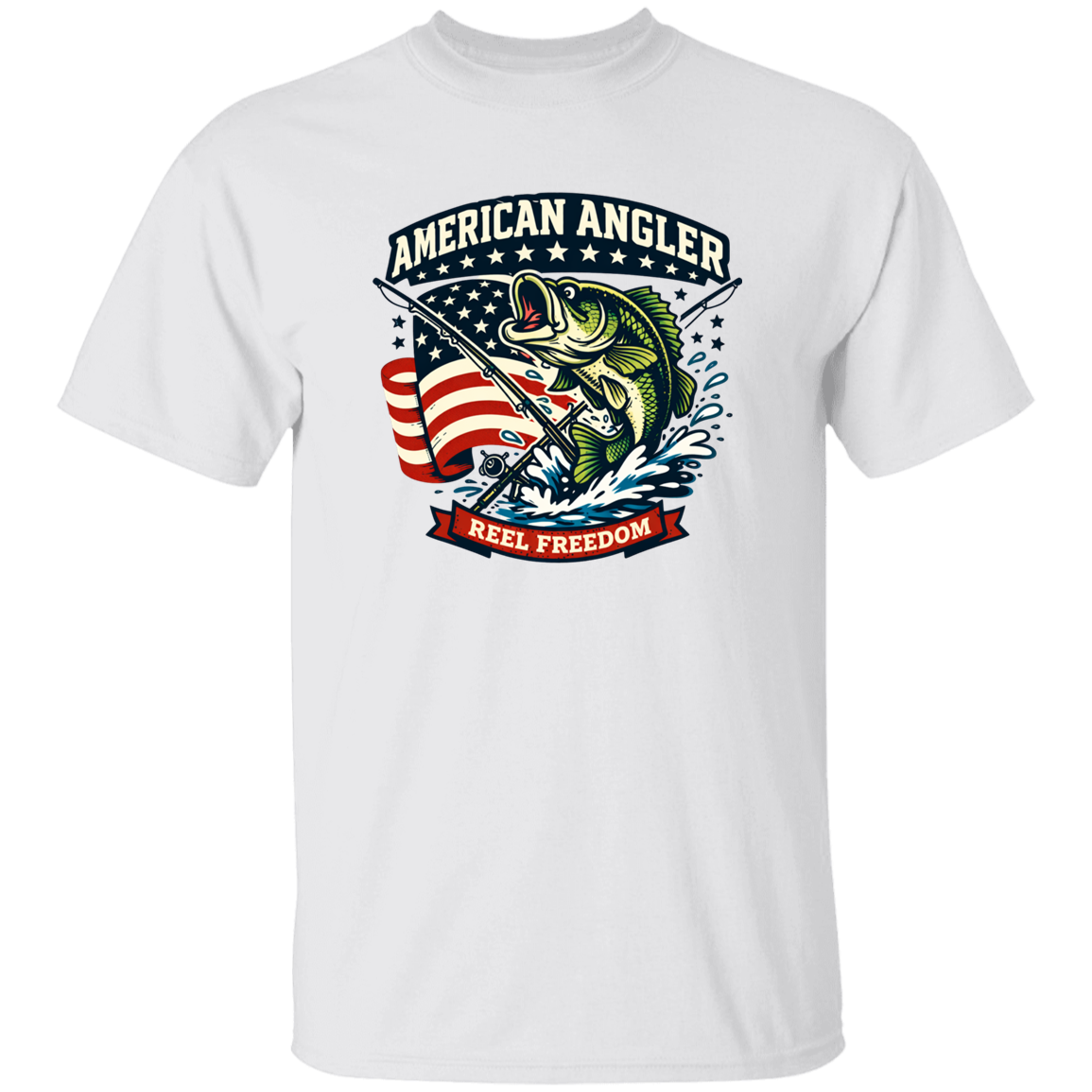 White color t-shirt for men and women with "American Angler – Reel Freedom" graphic featuring a bass jumping beside an American flag.
