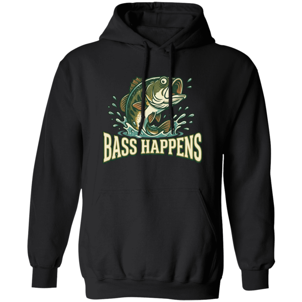 Black color fishing design hoodie - Bass Happens -  largemouth bass jumping out of water  
