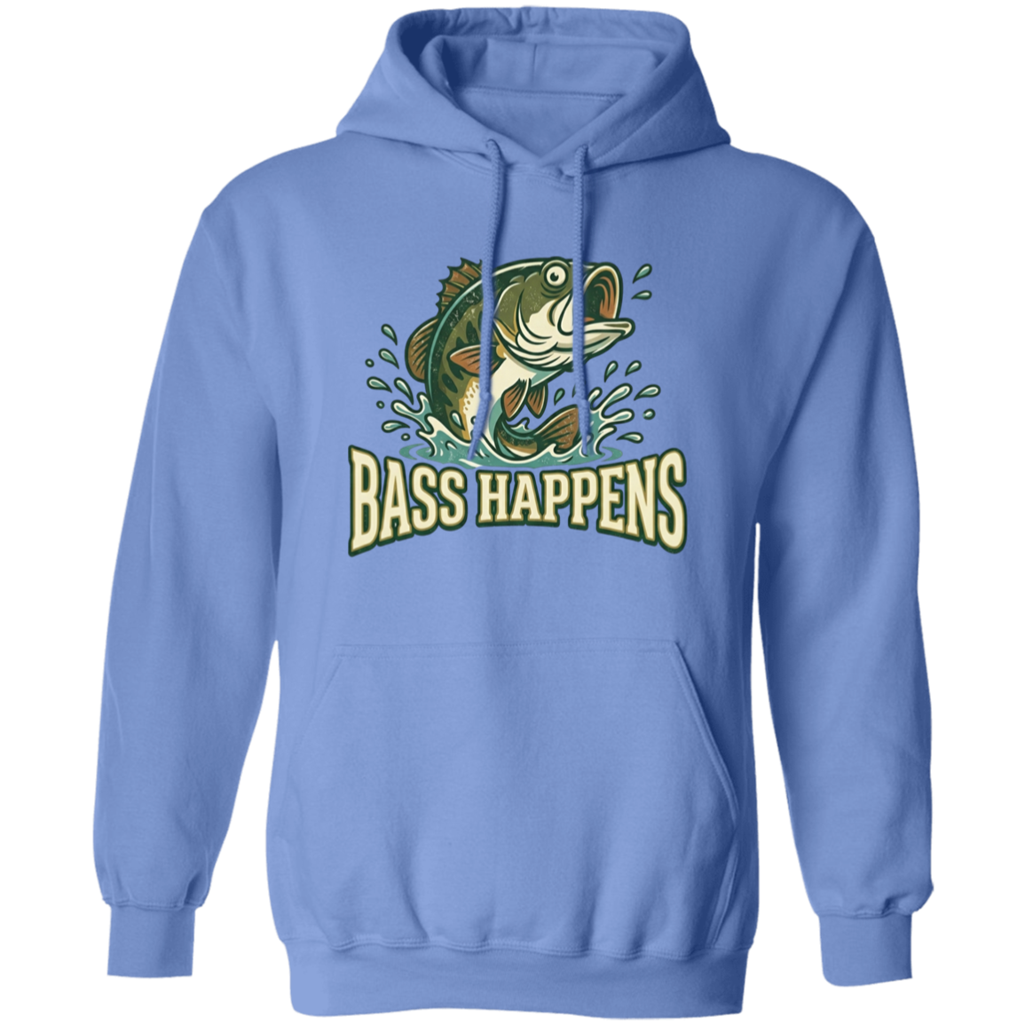 Carolina Blue color fishing design hoodie - Bass Happens -  largemouth bass jumping out of water  
