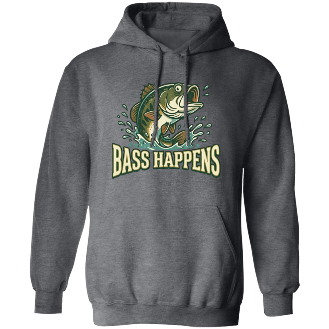 Dark Heather color fishing design hoodie - Bass Happens -  largemouth bass jumping out of water 
