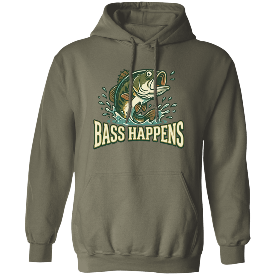 Military Green color fishing design hoodie - Bass Happens -  largemouth bass jumping out of water  
