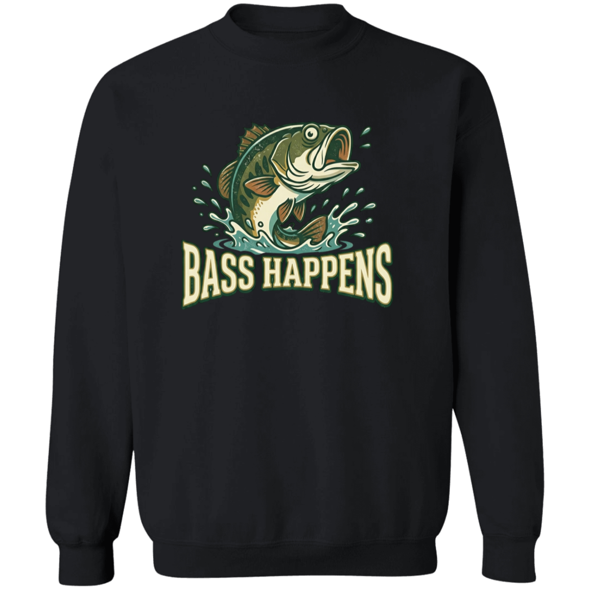 Black color fishing design sweatshirt - Bass Happens -  largemouth bass jumping out of water  
