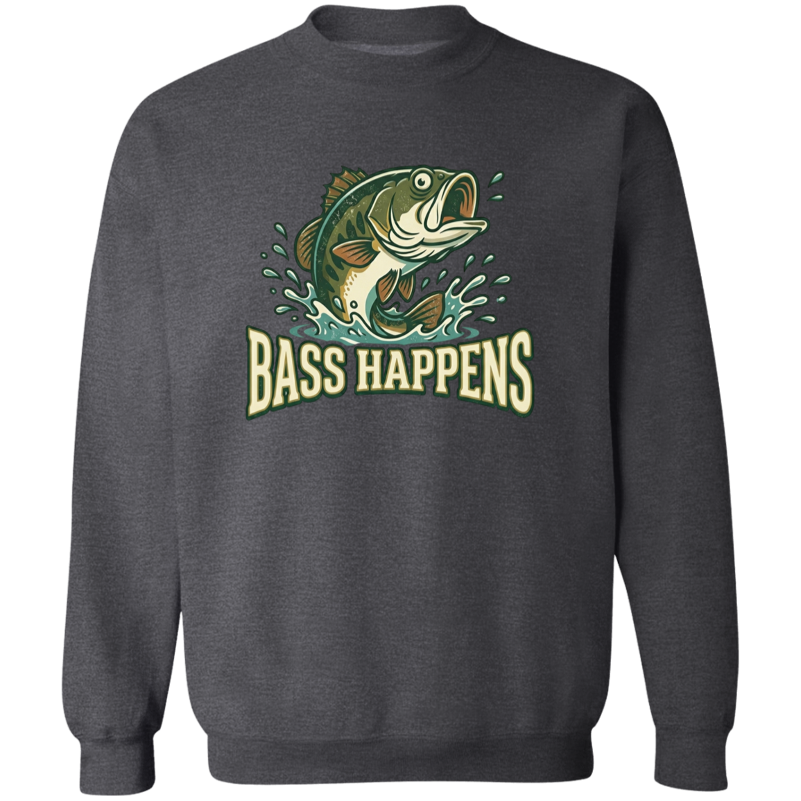 Dark Heather color fishing design sweatshirt - Bass Happens -  largemouth bass jumping out of water 
