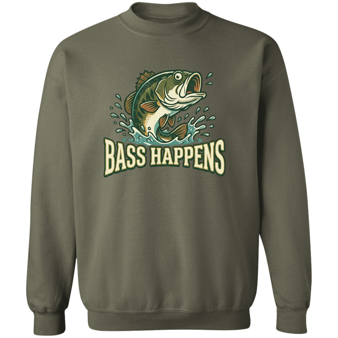Military Green color fishing design sweatshirt - Bass Happens -  largemouth bass jumping out of water  
