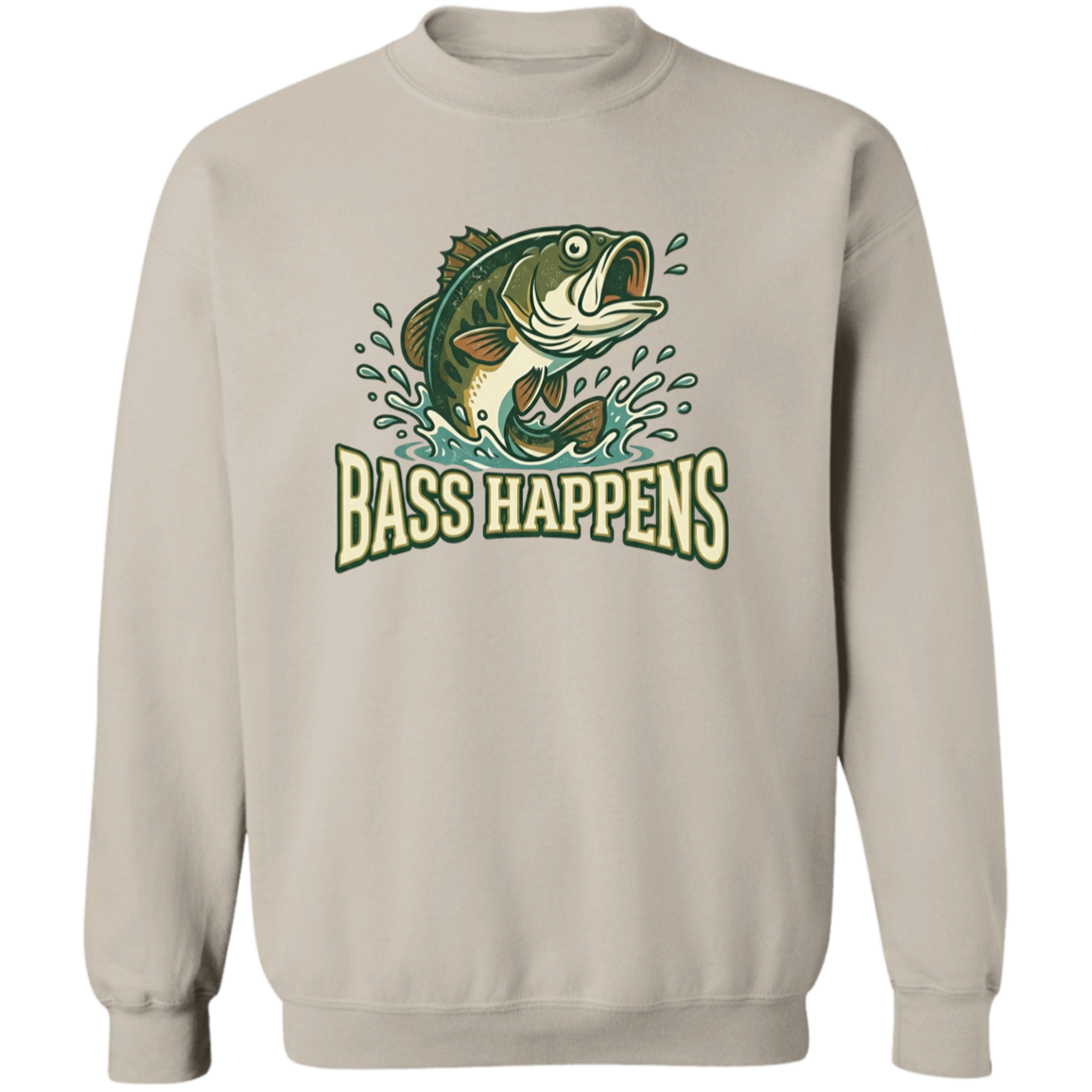 Sand color fishing design sweatshirt - Bass Happens -  largemouth bass jumping out of water 
