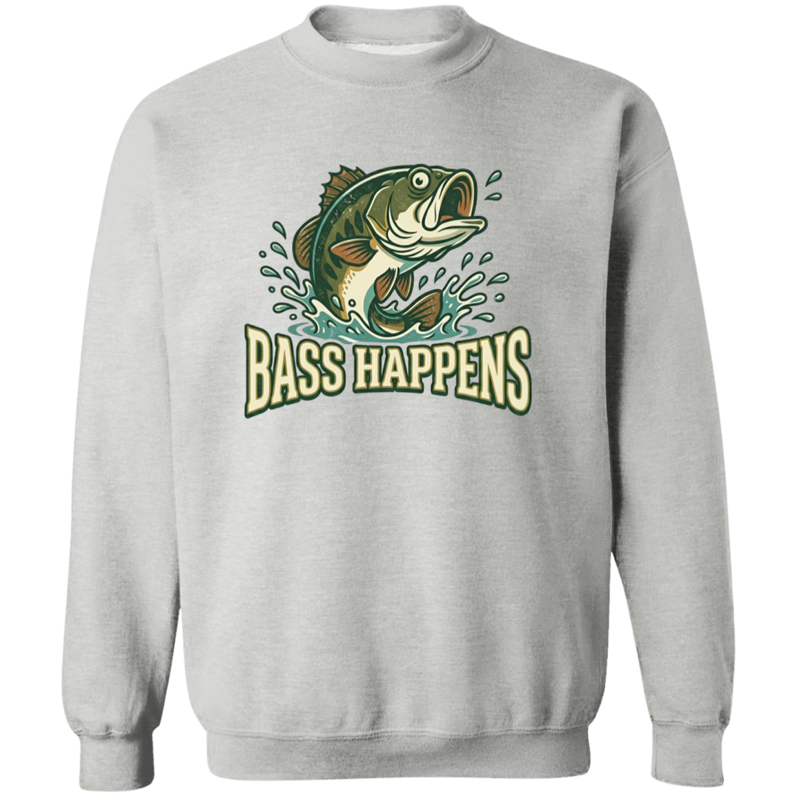 Sport Grey color fishing design sweatshirt - Bass Happens -  largemouth bass jumping out of water  
