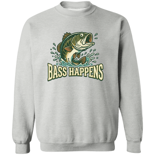 Sport Grey color fishing design sweatshirt - Bass Happens -  largemouth bass jumping out of water  
