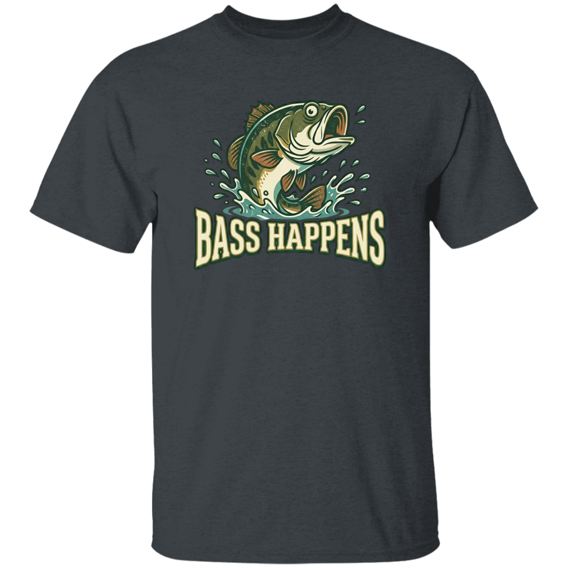 Dark Heather color fishing design t-shirt - Bass Happens -  largemouth bass jumping out of water 
