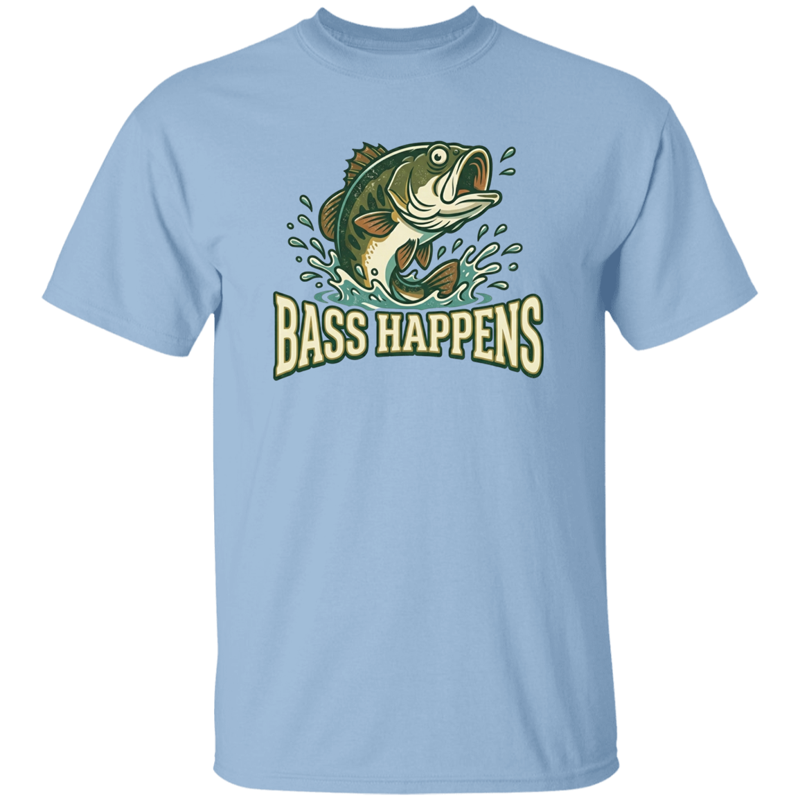 Light Blue color fishing design t-shirt - Bass Happens -  largemouth bass jumping out of water  
