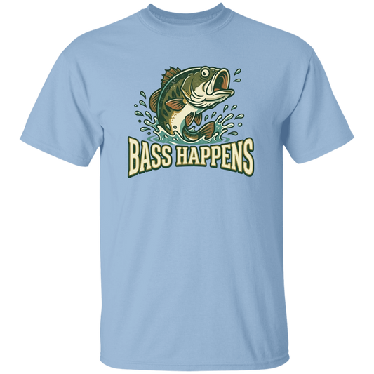 Light Blue color fishing design t-shirt - Bass Happens -  largemouth bass jumping out of water  
