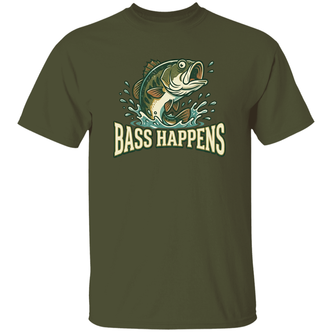 Military Green color fishing design t-shirt - Bass Happens -  largemouth bass jumping out of water  
