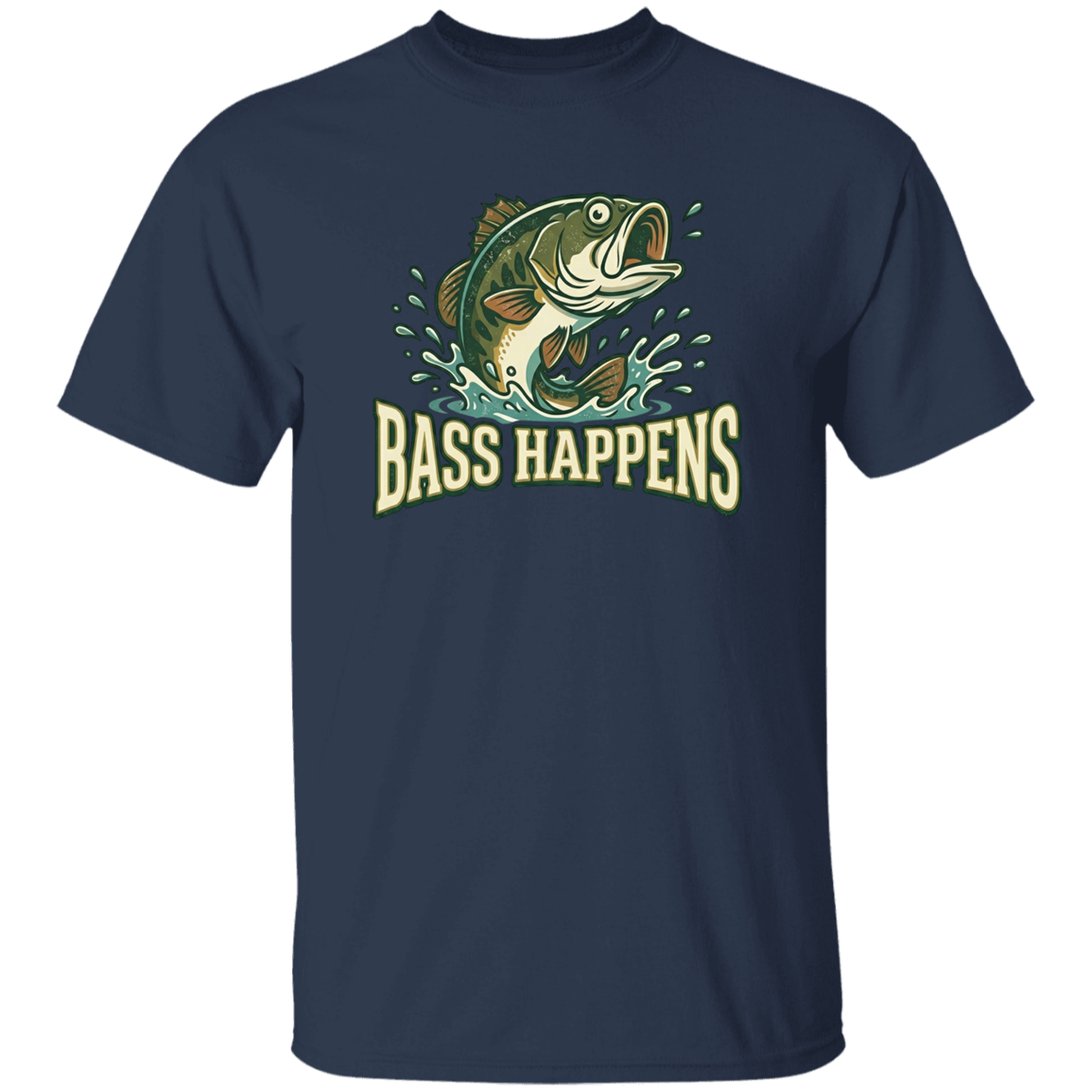 Navy color fishing design t-shirt - Bass Happens -  largemouth bass jumping out of water  
