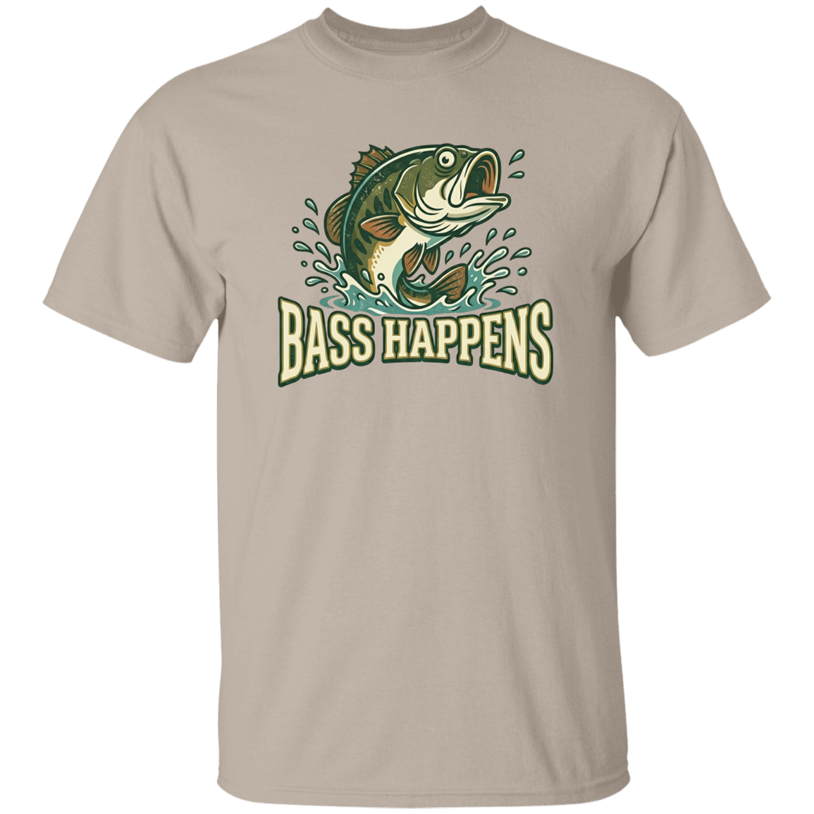 Sand color fishing design t-shirt - Bass Happens -  largemouth bass jumping out of water 
