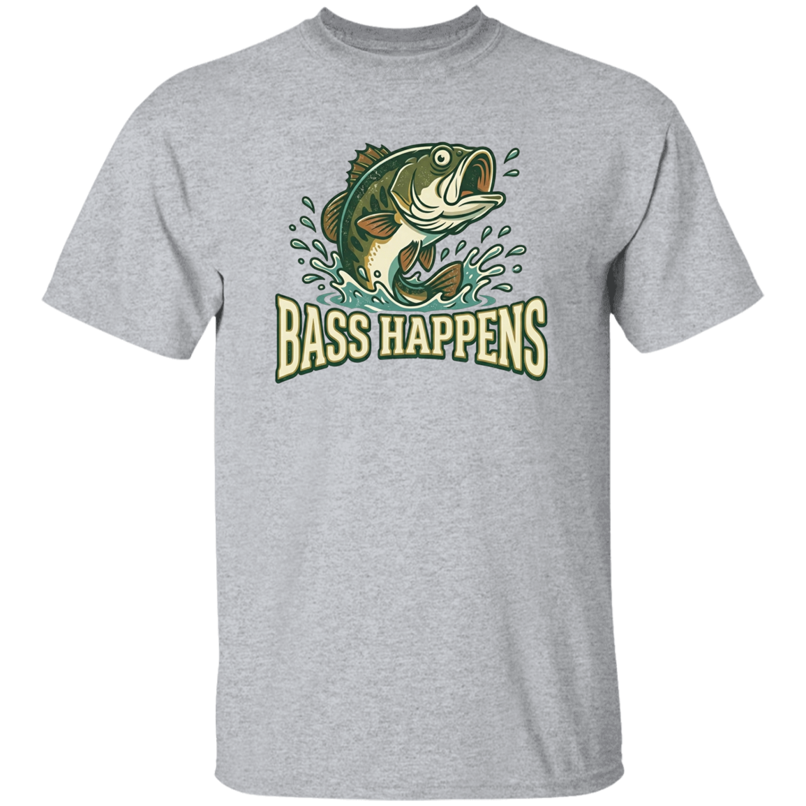 Sport Grey color fishing design v - Bass Happens -  largemouth bass jumping out of water  
