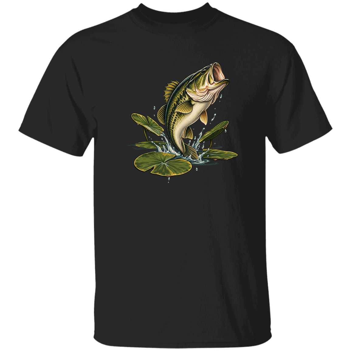 Black color t-shirt for men and women of Largemouth Bass Jumping from  Lily Pads  