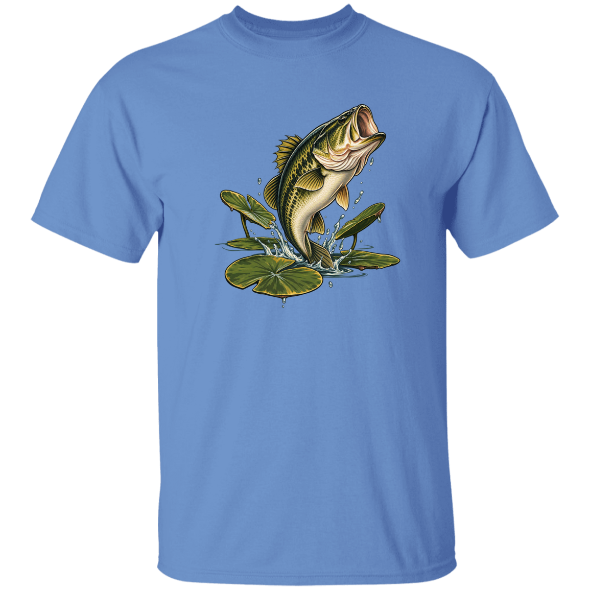 Carolina Blue color t-shirt for men and women of Largemouth Bass Jumping from  Lily Pads