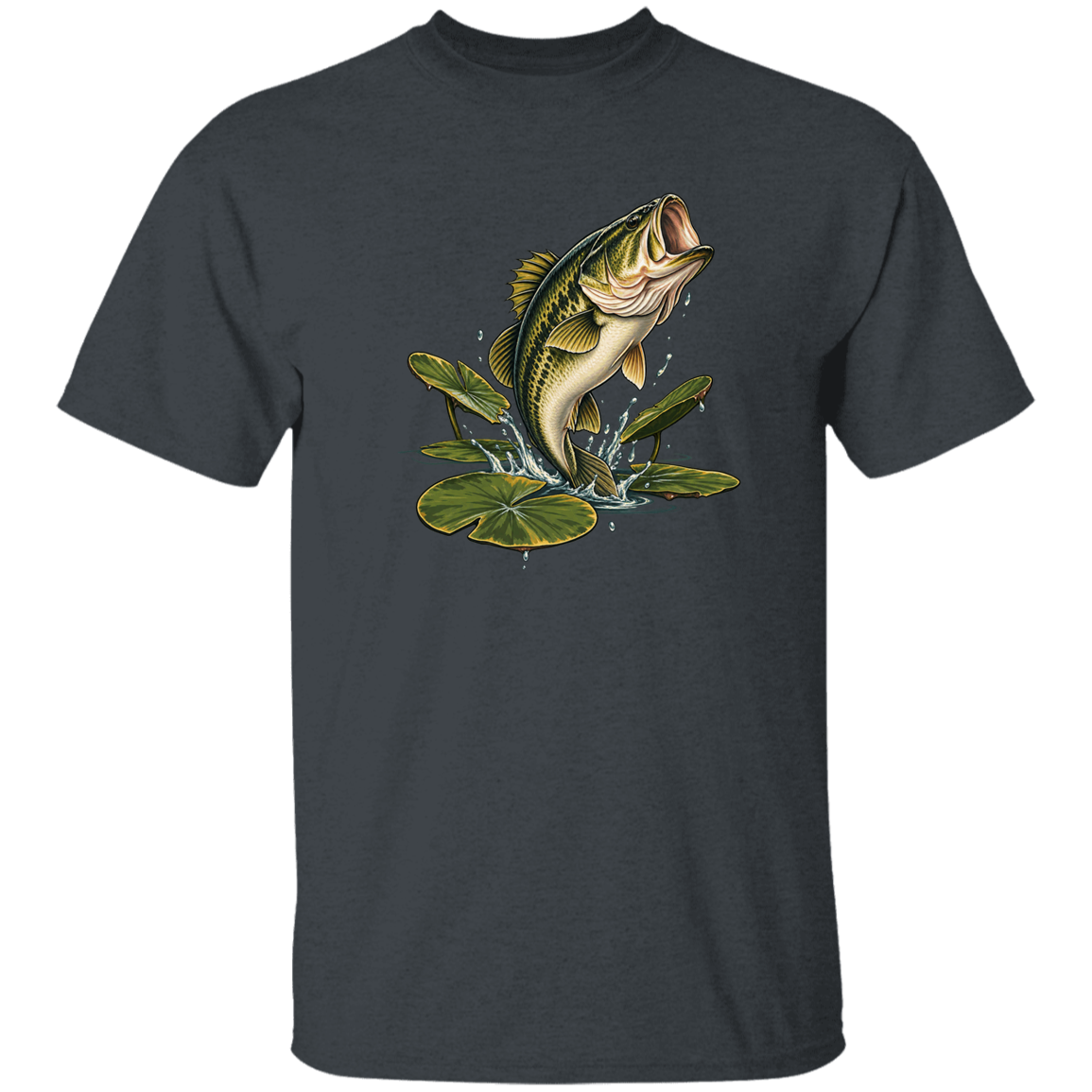 Dark Heather color t-shirt for men and women of Largemouth Bass Jumping from  Lily Pads