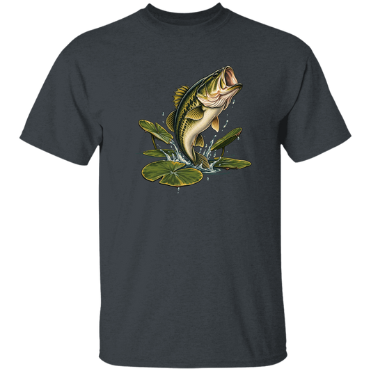 Dark Heather color t-shirt for men and women of Largemouth Bass Jumping from  Lily Pads