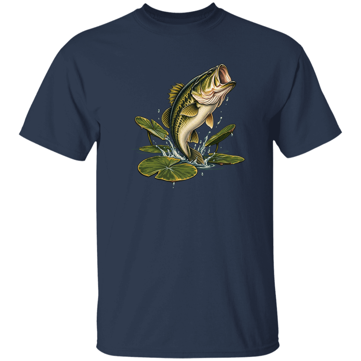 Navy color t-shirt for men and women of Largemouth Bass Jumping from  Lily Pads