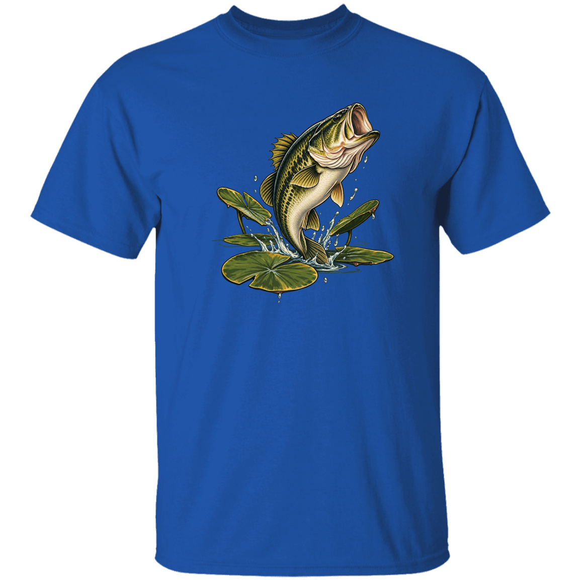 Royal color t-shirt for men and women of Largemouth Bass Jumping from  Lily Pads