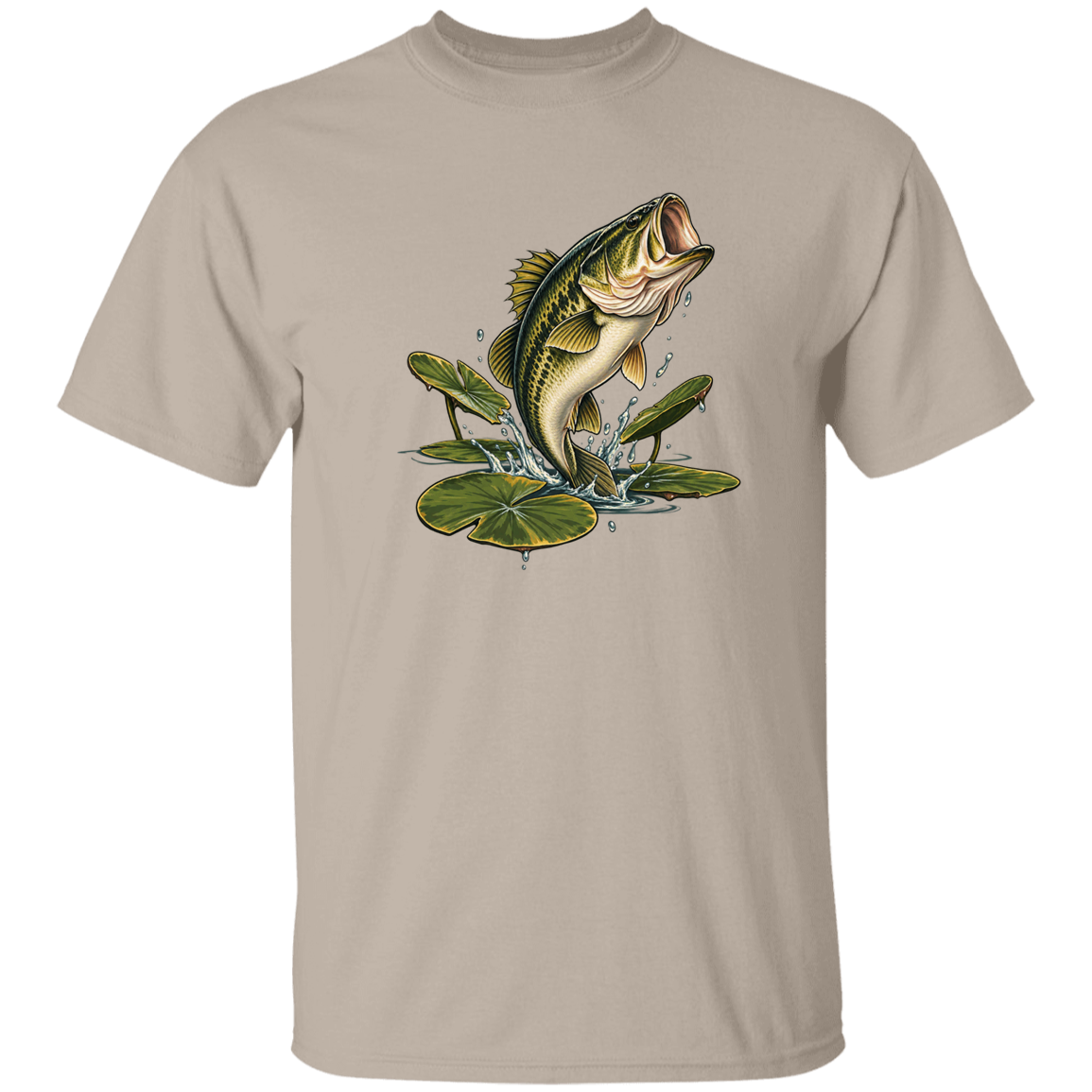 Sand color t-shirt for men and women of Largemouth Bass Jumping from  Lily Pads 
