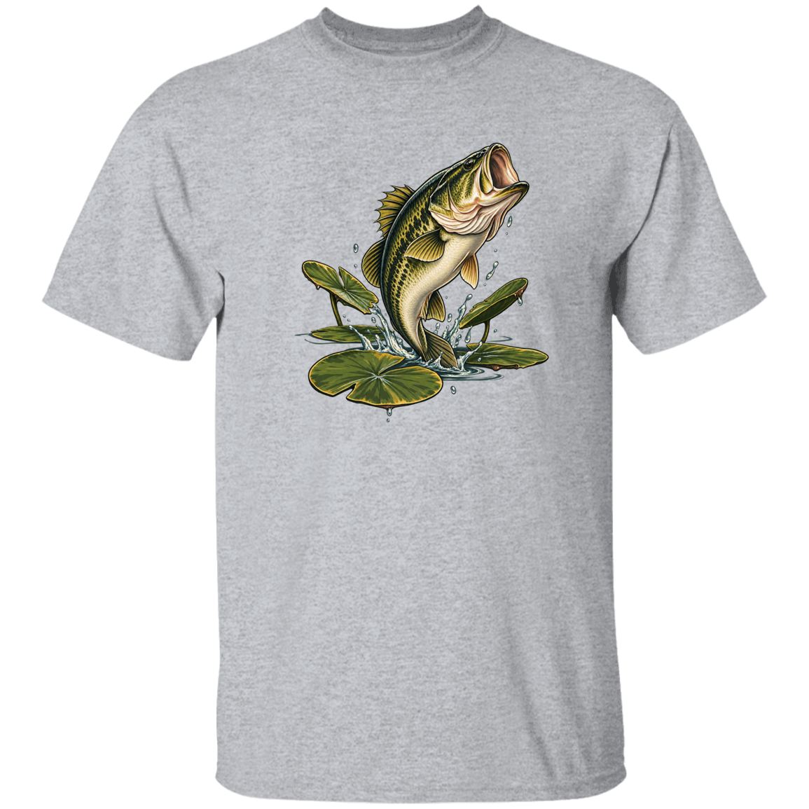 Sport Grey color t-shirt for men and women of Largemouth Bass Jumping from  Lily Pads