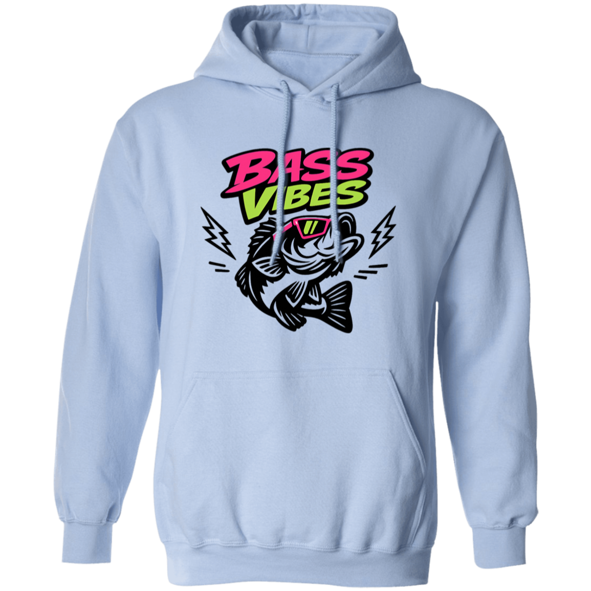 Light Blue color Bass Vibes t-shirt design – cool bass fish wearing pink sunglasses, neon green and pink text  
