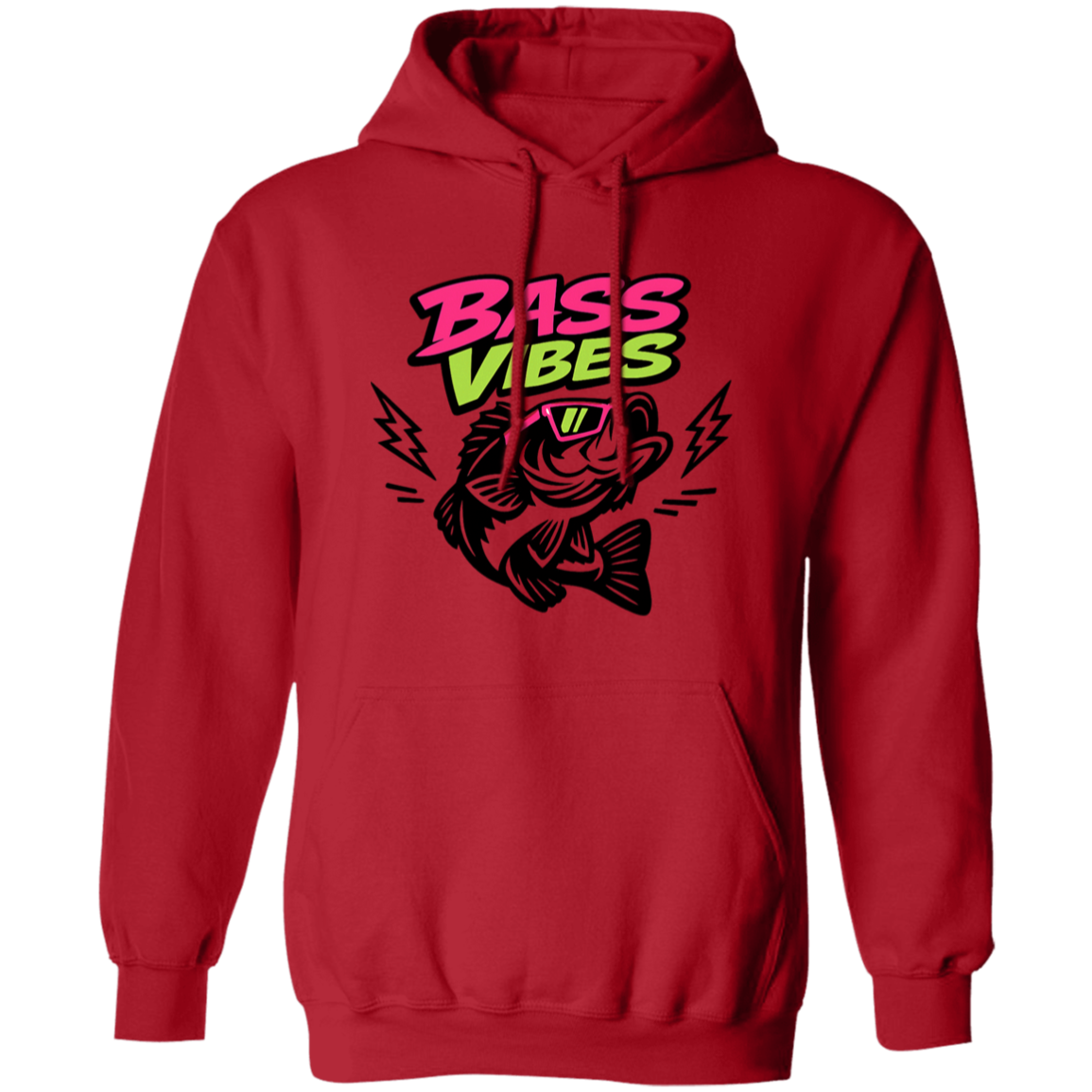 Red color Bass Vibes t-shirt design – cool bass fish wearing pink sunglasses, neon green and pink text  
