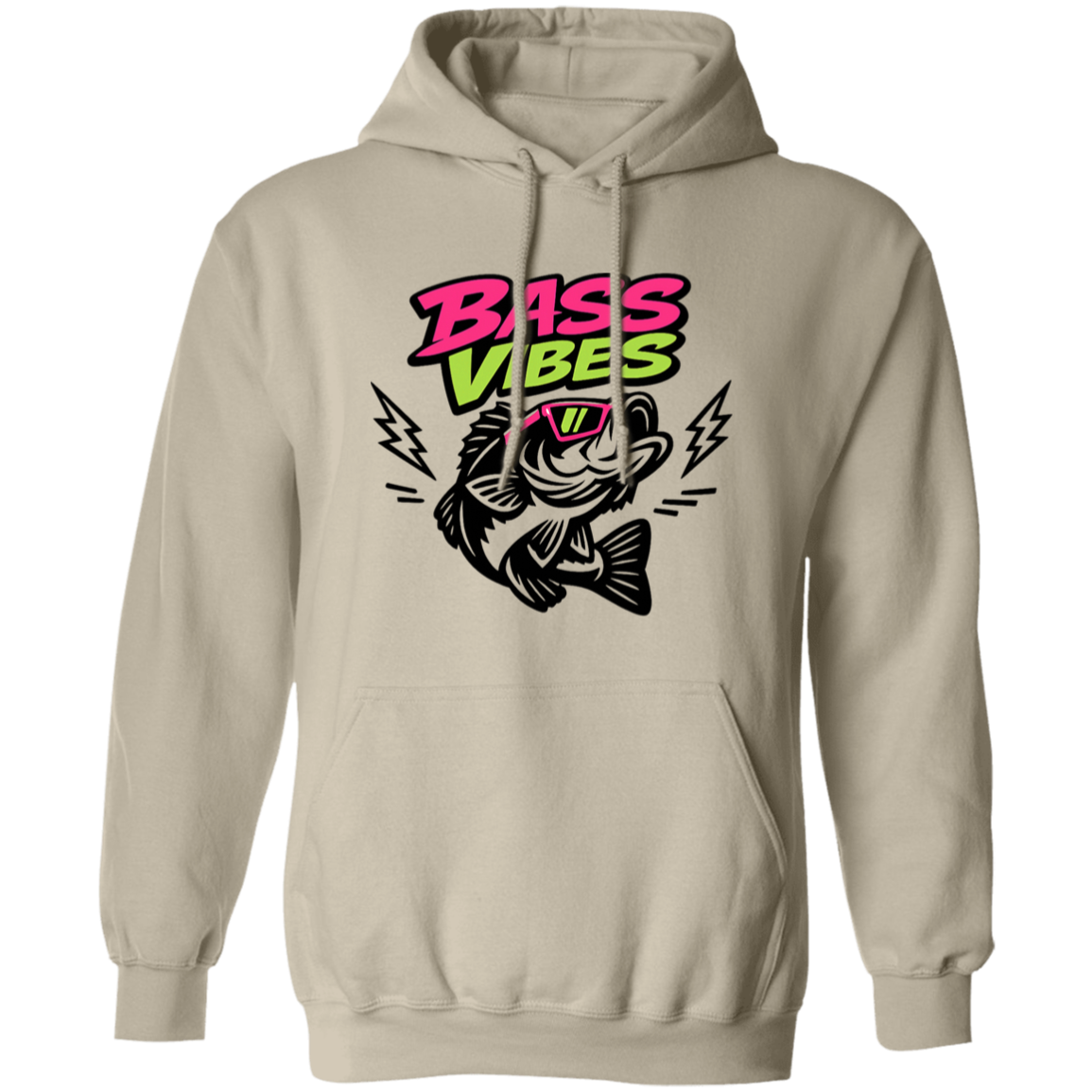 Sand color Bass Vibes t-shirt design – cool bass fish wearing pink sunglasses, neon green and pink text  

