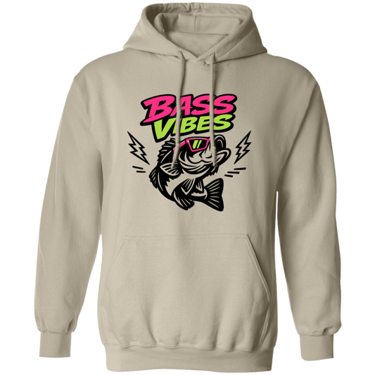 Sand color Bass Vibes t-shirt design – cool bass fish wearing pink sunglasses, neon green and pink text  
