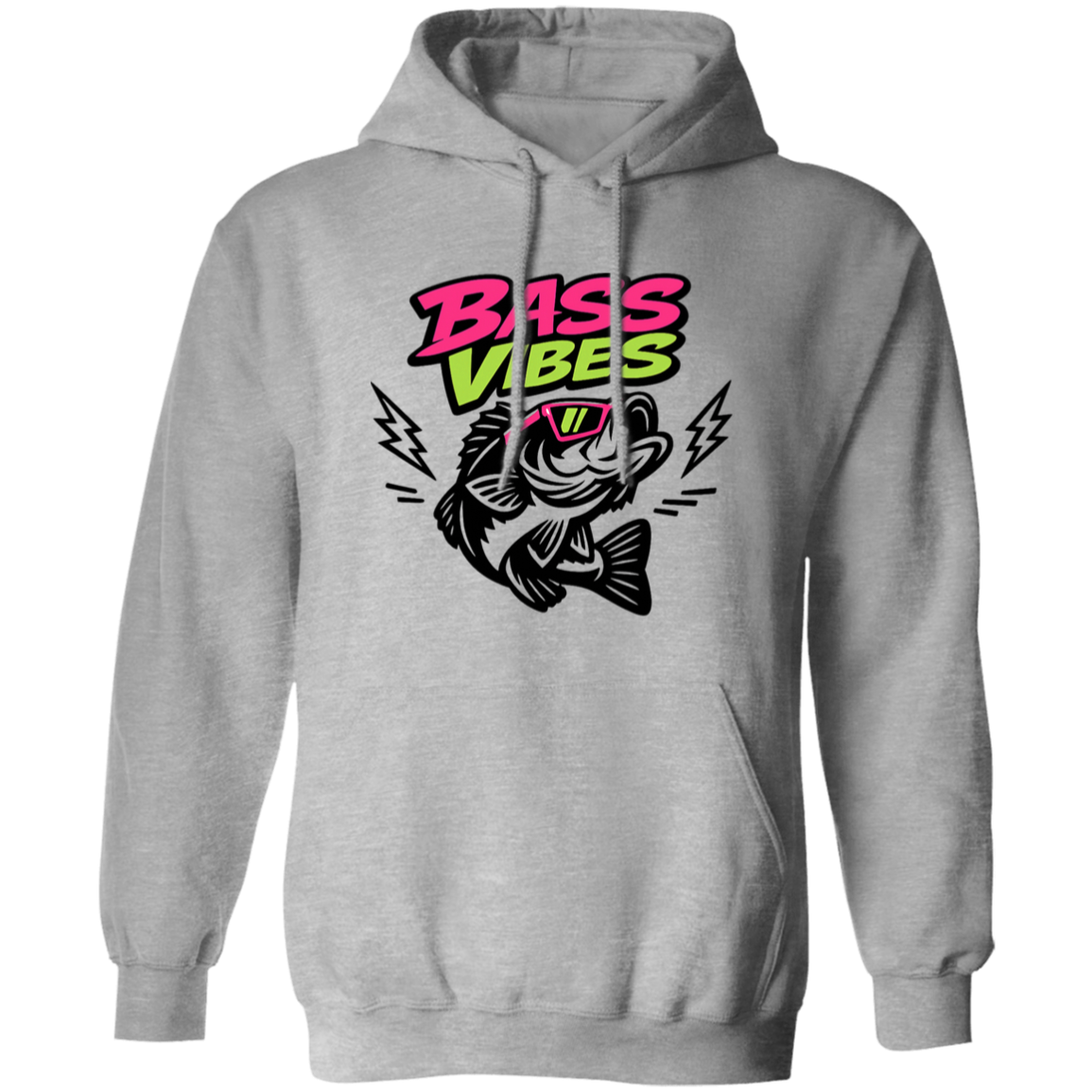 Sport Grey color Bass Vibes t-shirt design – cool bass fish wearing pink sunglasses, neon green and pink text  
