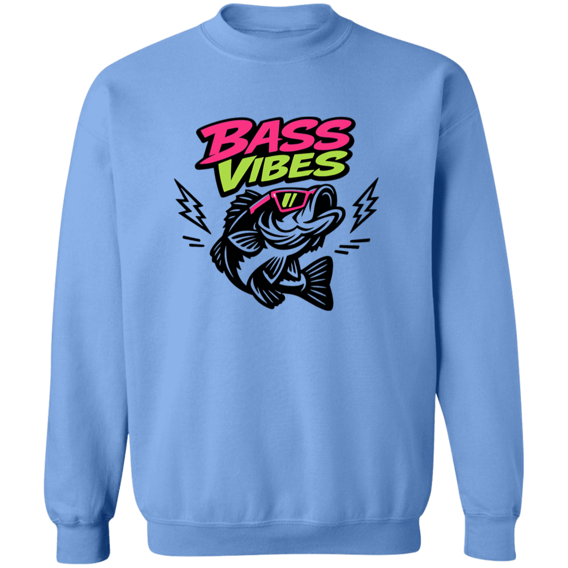 Carolina Blue color Bass Vibes sweatshirt design – cool bass fish wearing pink sunglasses, neon green and pink text  
