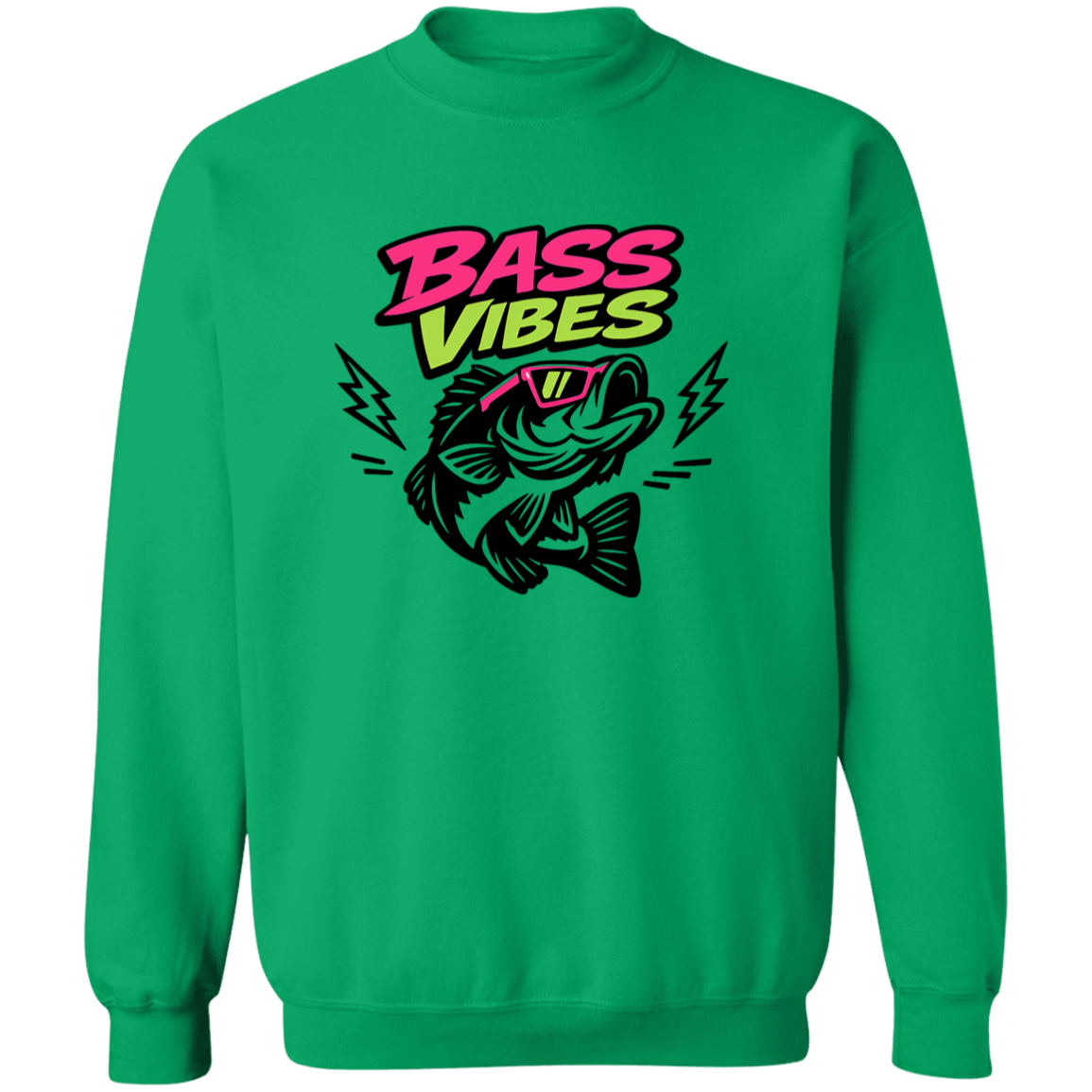 Irish green color Bass Vibes sweatshirt design – cool bass fish wearing pink sunglasses, neon green and pink text  
