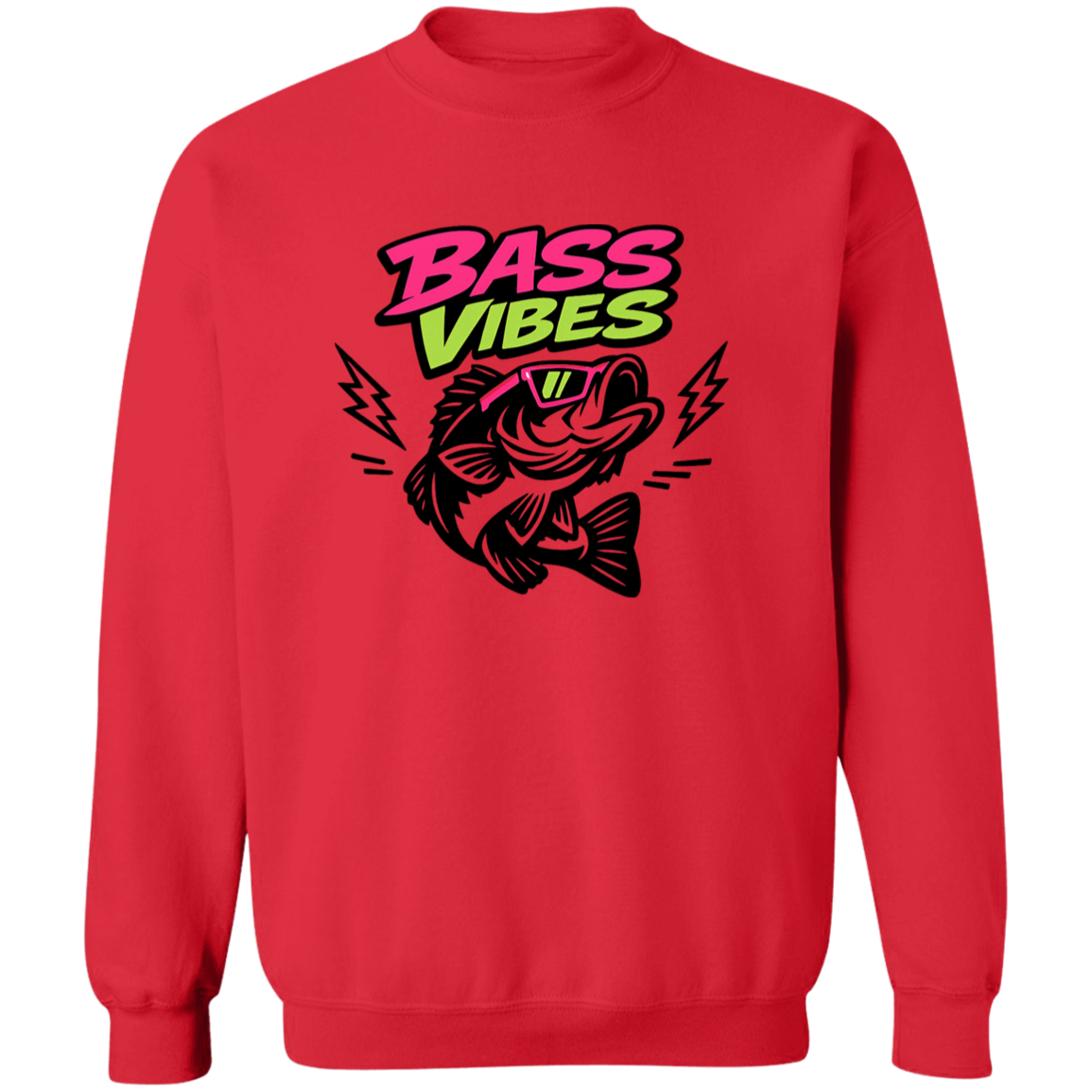 Red color Bass Vibes sweatshirt design – cool bass fish wearing pink sunglasses, neon green and pink text  
