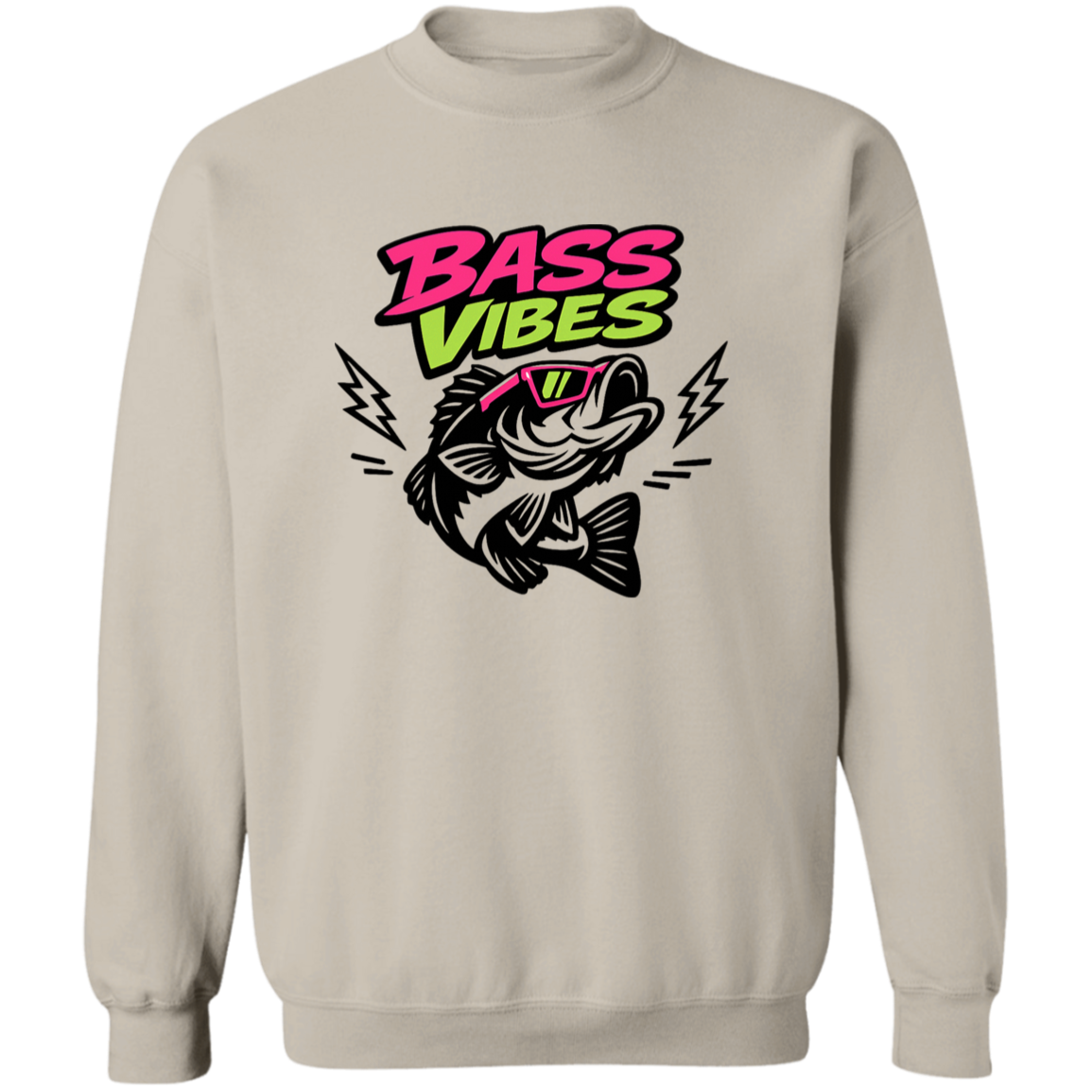Sand color Bass Vibes sweatshirt design – cool bass fish wearing pink sunglasses, neon green and pink text  
