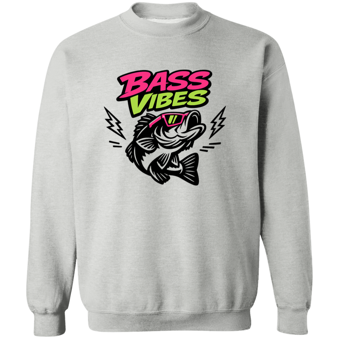 Sport Grey color Bass Vibes sweatshirt design – cool bass fish wearing pink sunglasses, neon green and pink text  

