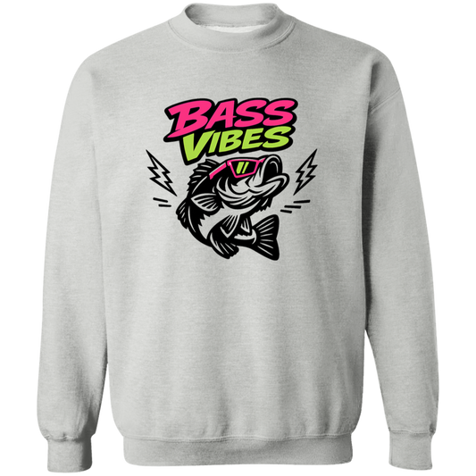 Sport Grey color Bass Vibes sweatshirt design – cool bass fish wearing pink sunglasses, neon green and pink text  
