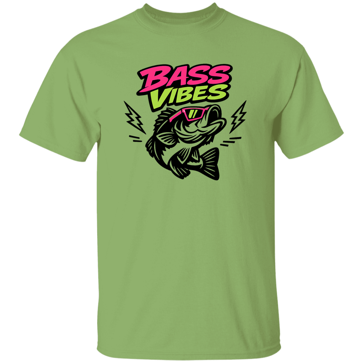 Kiwi color Bass Vibes t-shirt design – cool bass fish wearing pink sunglasses, neon green and pink text 

