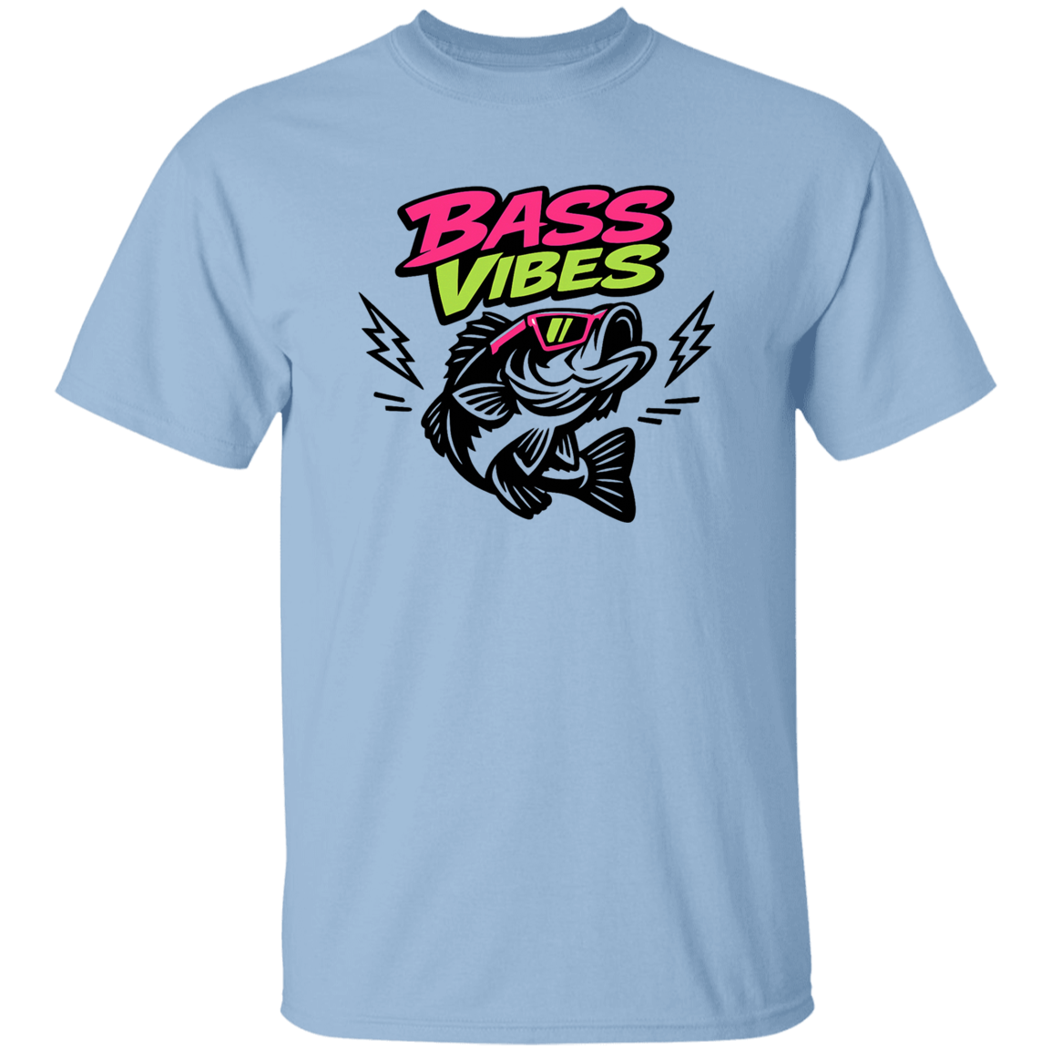 Light Blue color Bass Vibes t-shirt design – cool bass fish wearing pink sunglasses, neon green and pink text  
