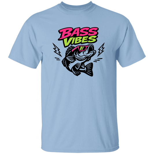 Light Blue color Bass Vibes t-shirt design – cool bass fish wearing pink sunglasses, neon green and pink text  
