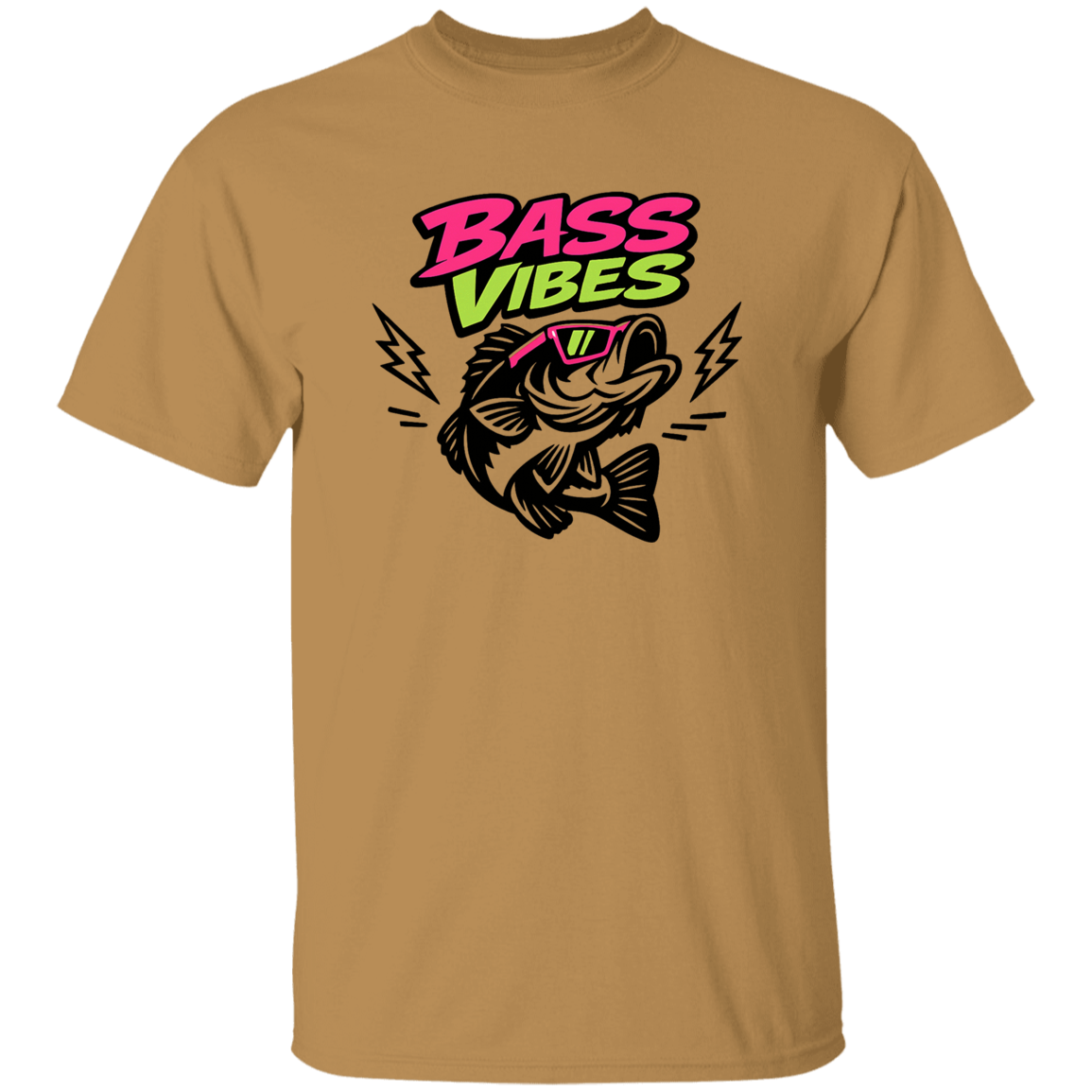 Old Gold color Bass Vibes t-shirt design – cool bass fish wearing pink sunglasses, neon green and pink text 
