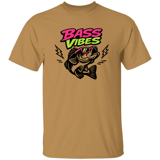 Old Gold color Bass Vibes t-shirt design – cool bass fish wearing pink sunglasses, neon green and pink text 
